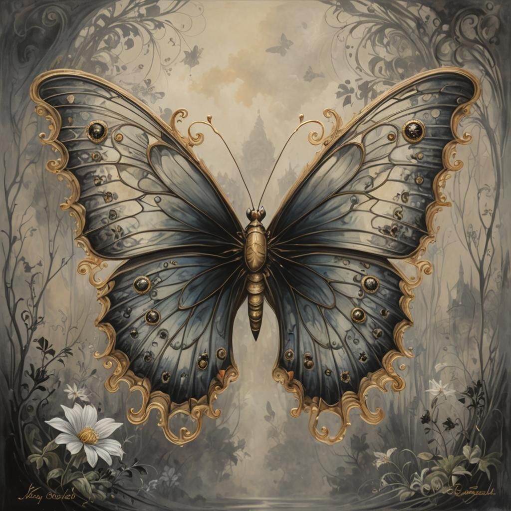 A beautiful, ornate butterfly in a smokey,  Gothic style