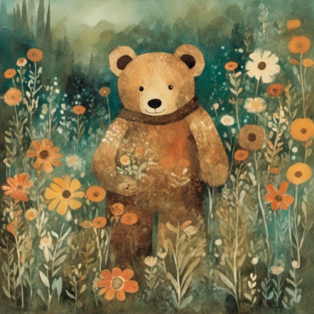 Teddy Bear with Wildflowers Storybook Illustration