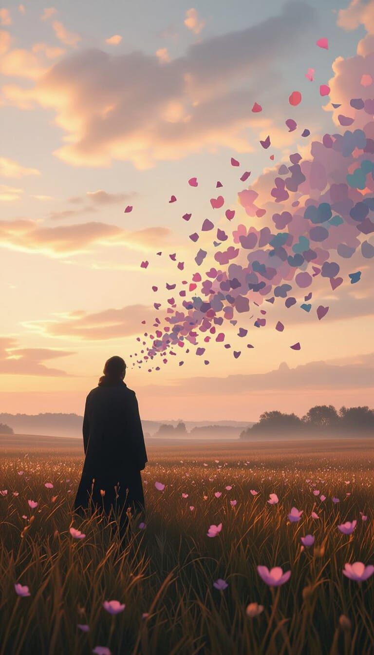 Figure Watching Memories Dissolve in Pastel Dawn