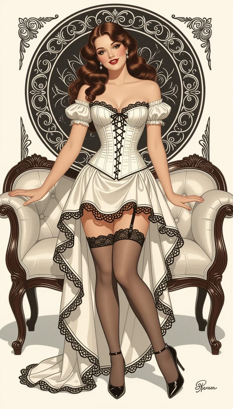 Elegant Pin-Up Girl in Alphonse Mucha Style