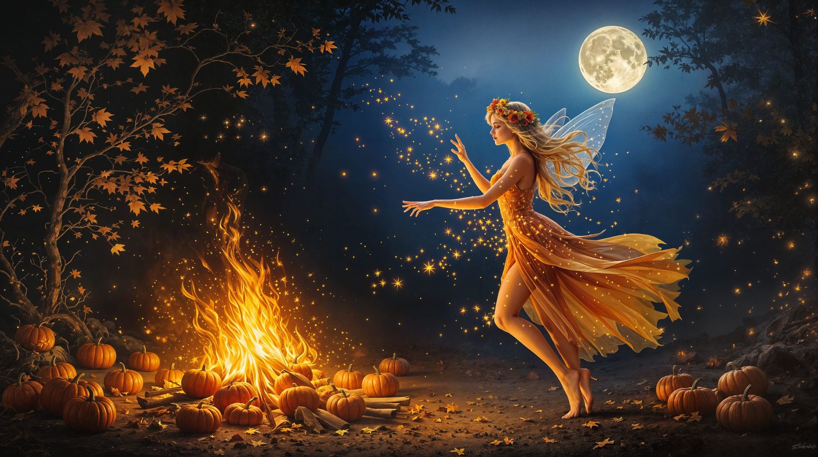 Enchanting Autumn Fairy in Bonfire Glow