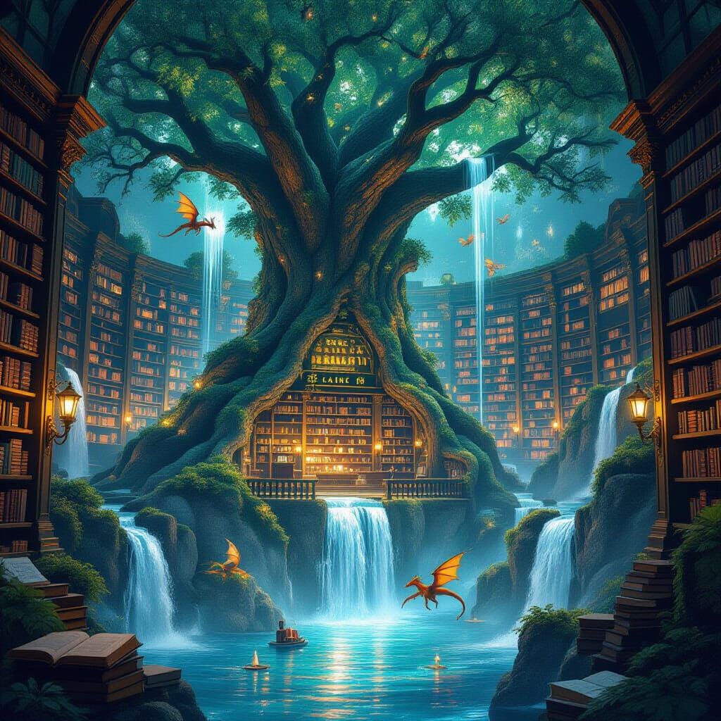Enchanted Library with Miniature Worlds, Detailed Matte Pain...