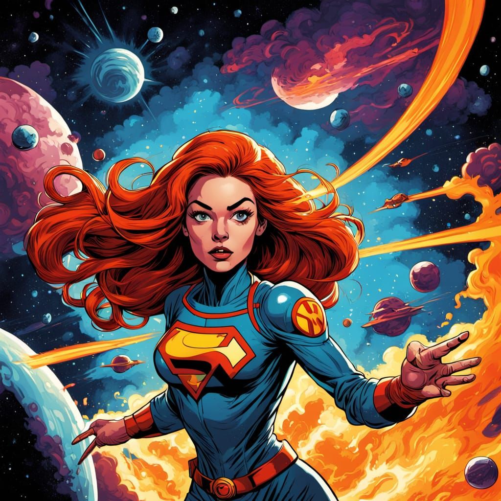 Starfire Blowing Heat in Galactic Space Retro Comic Style