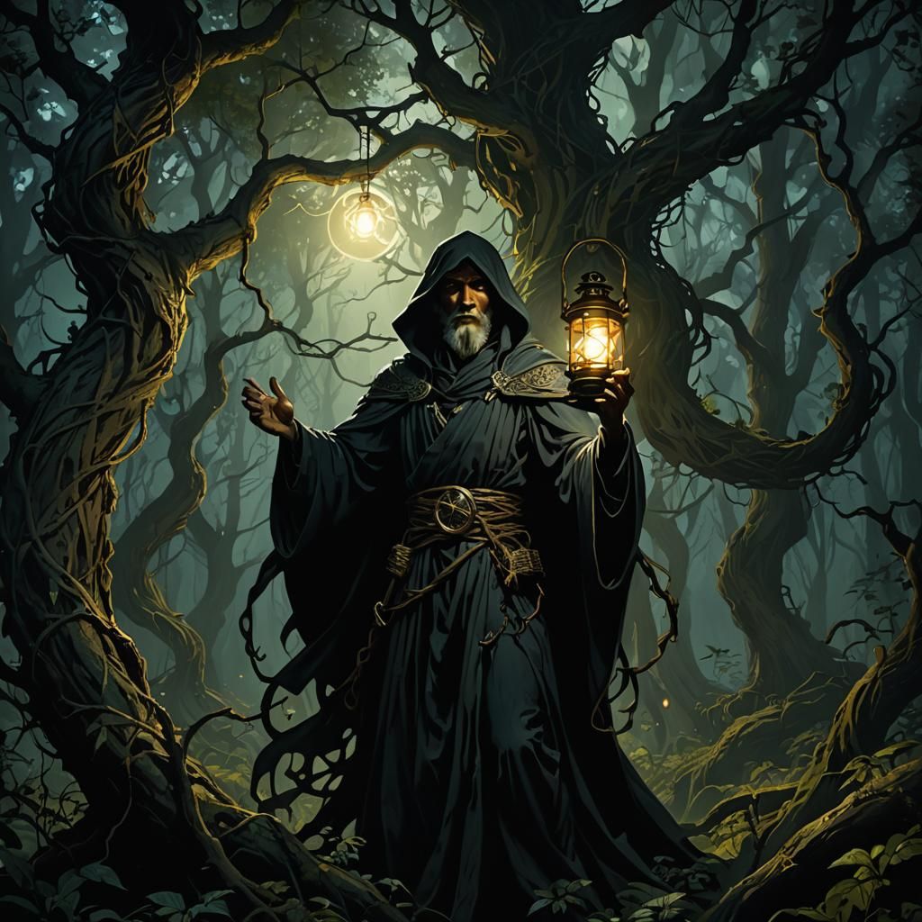 Mysterious Figure in Dark Fantasy Forest, Hyperdetailed