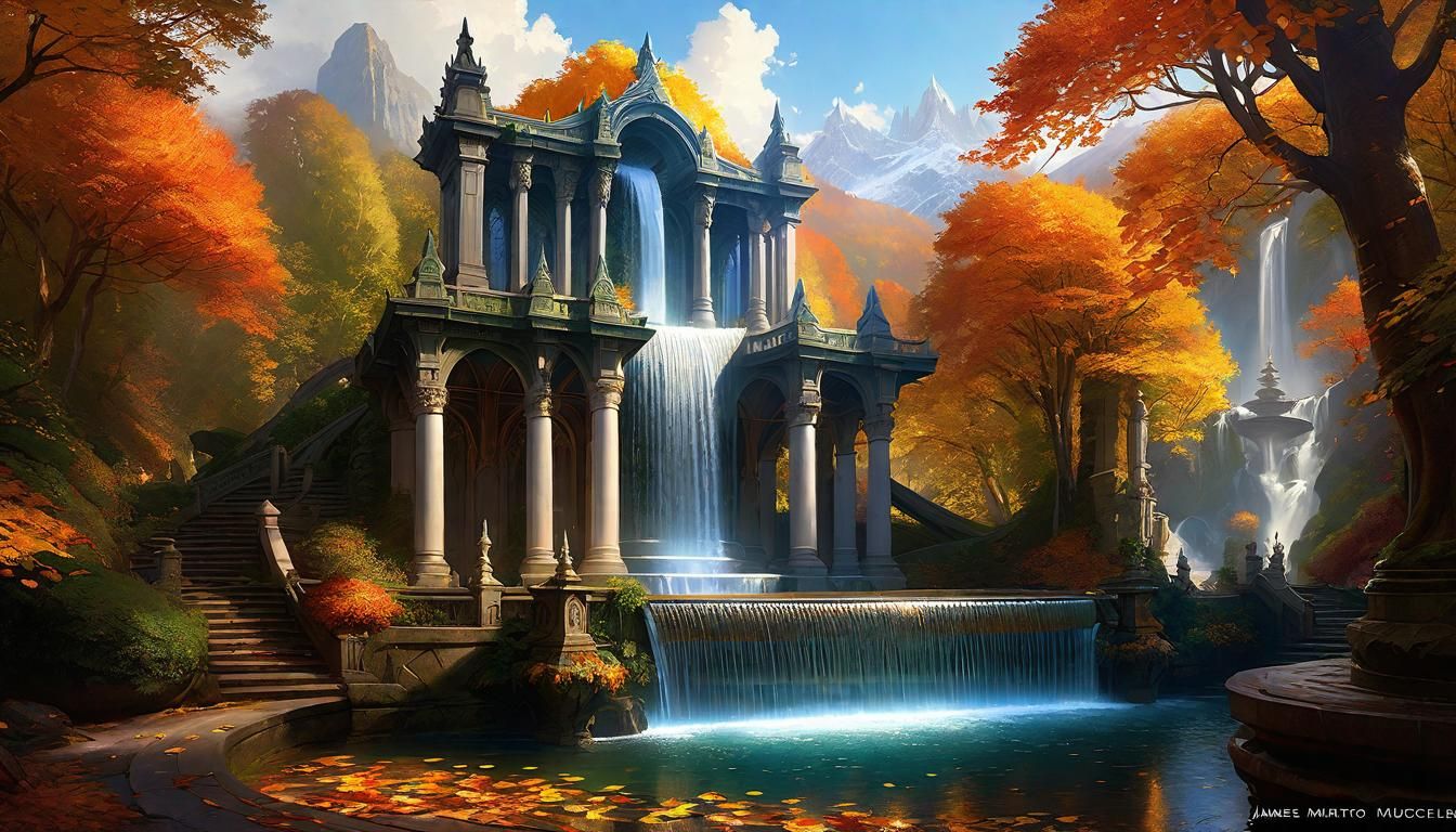Ornate Rivendell Fountain with Autumn Leaves
