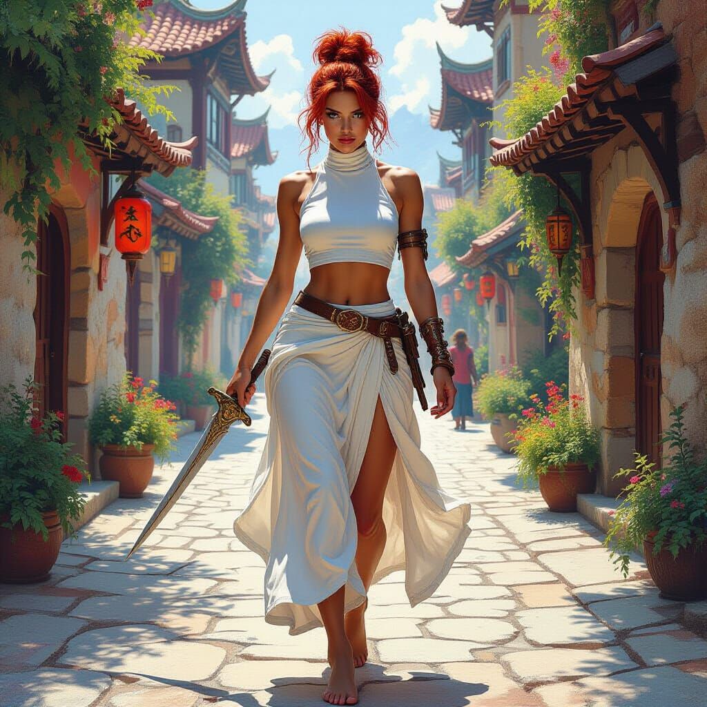 Fantasy Woman Strides Down Mystical Town Street