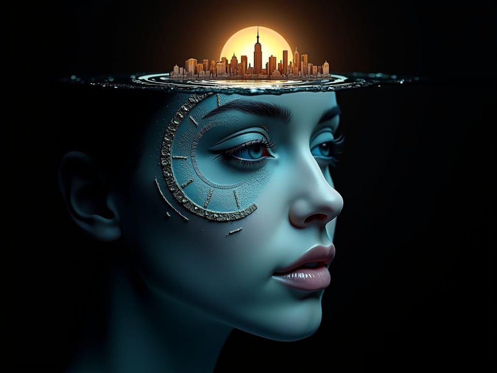 Hyperrealistic Face Made from Water with Clock Melting into...