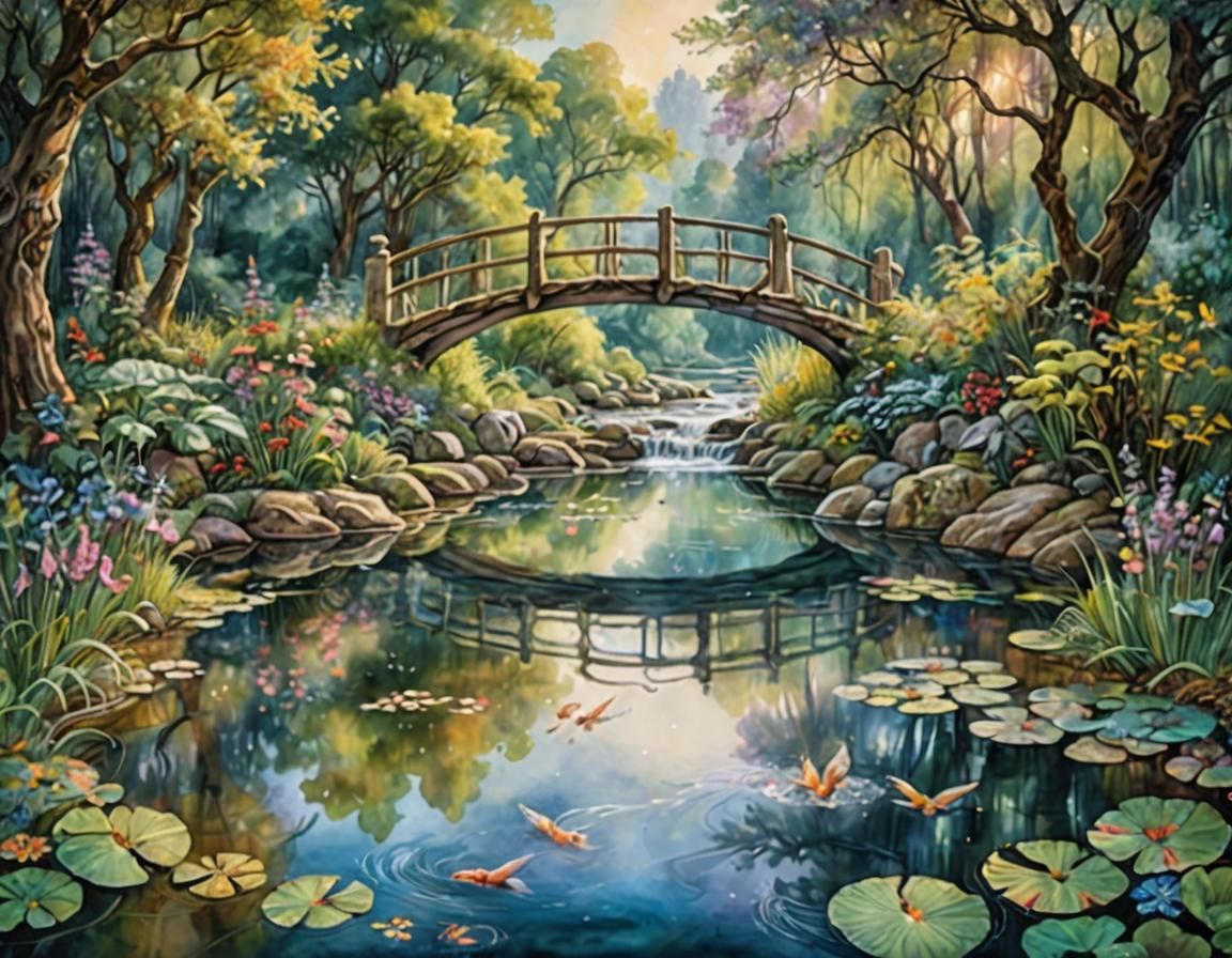 Watercolor Pond Scene with Luminous Reflections