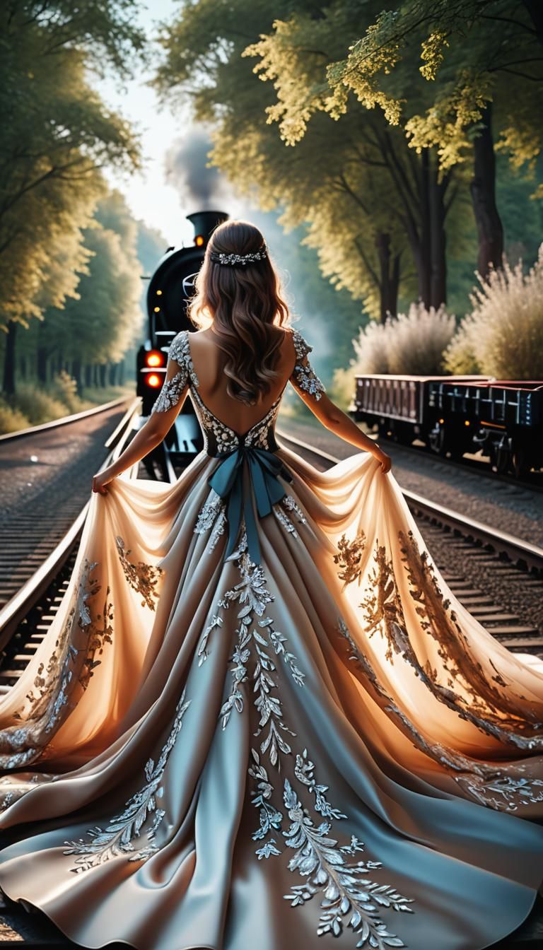 Girl Holds Dress Train: Realistic Cinematic Photography