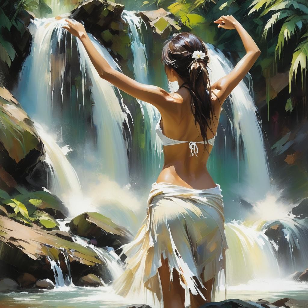 Woman at Waterfall: Impasto Palette Knife Painting