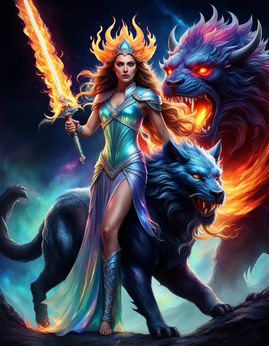 Goddess of Night Battles Shadow Beast in Iridescent Style