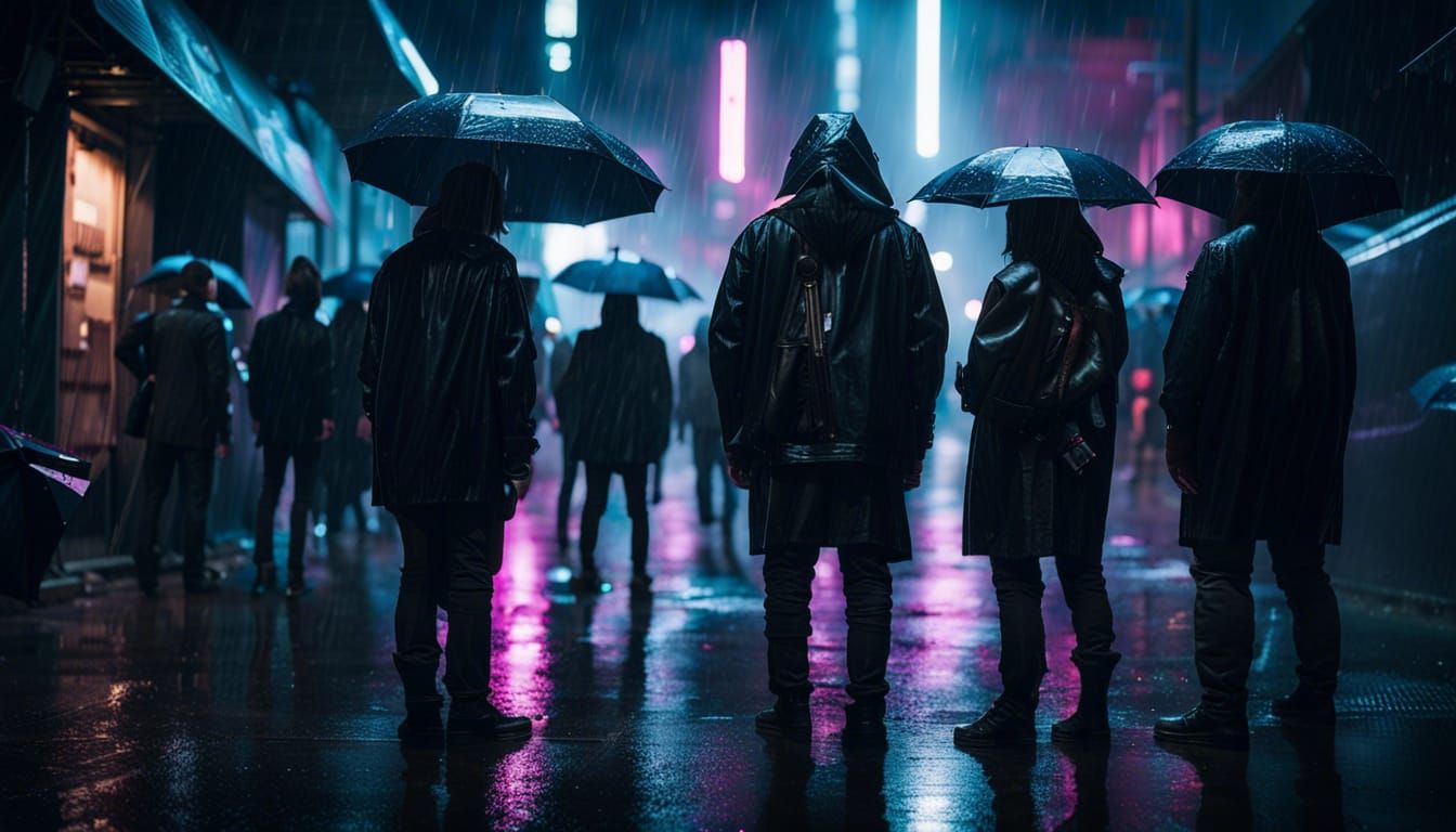 Cyberpunk Crowd in Rainy Alley at Night