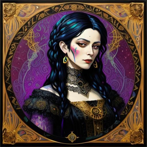 Klimt-Style Victorian Witch in Art Nouveau Frame