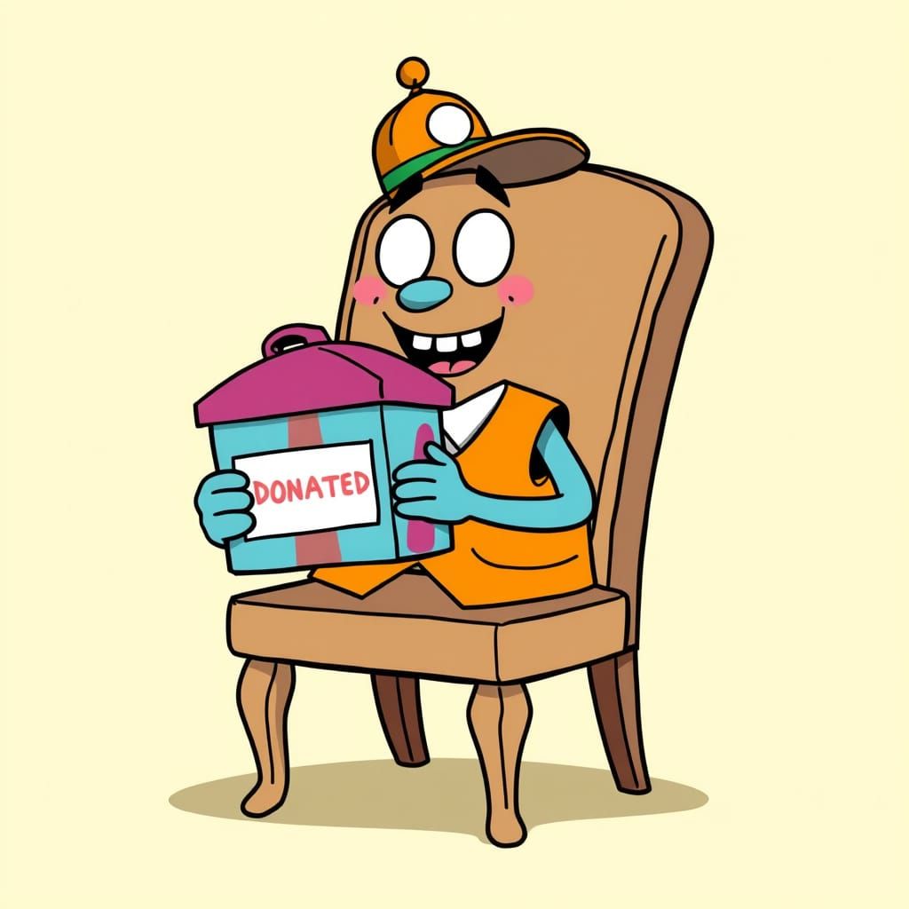 Cartoon. An anthropomorphic chair holding out a donation box.