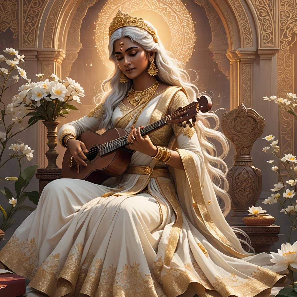 Serene Anime Portrait of Saraswati with Veena