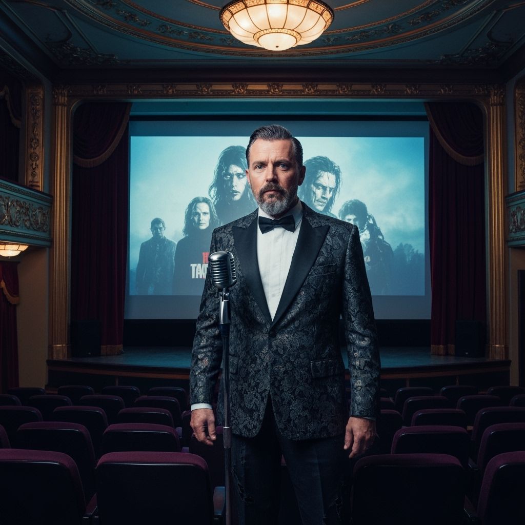 Spooky Movie Host in Dark Whimsical Theater