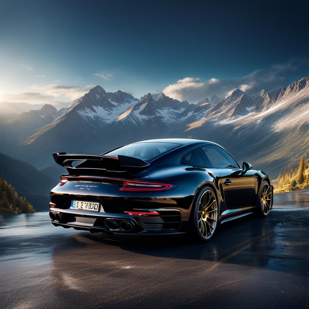 Black Porsche 911 Turbo S in Mountain Landscape
