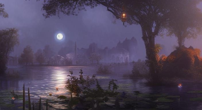 Moonlit Chateau Reflected in Pond: Detailed Fantasy Art