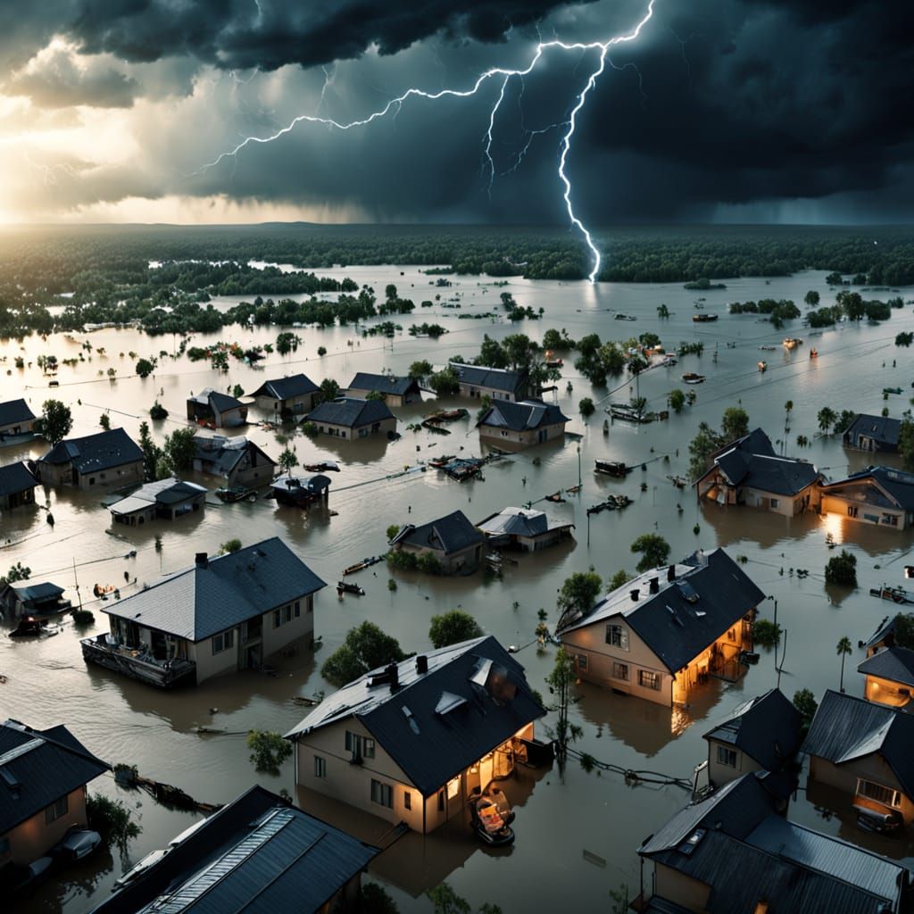 Dramatic Flood Scene with Rescuers in Cinematic Style