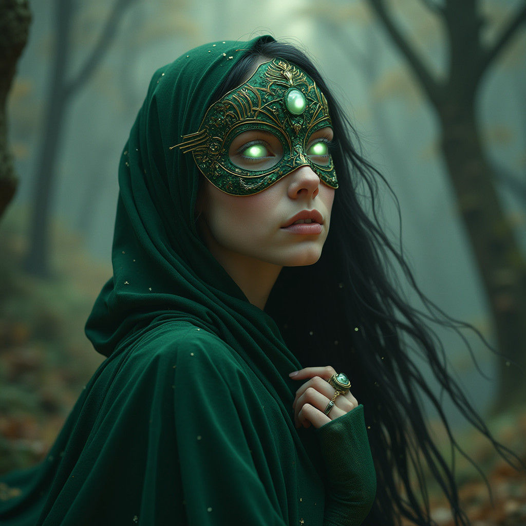 Mystical Velvet Superheroine with Emerald Mask