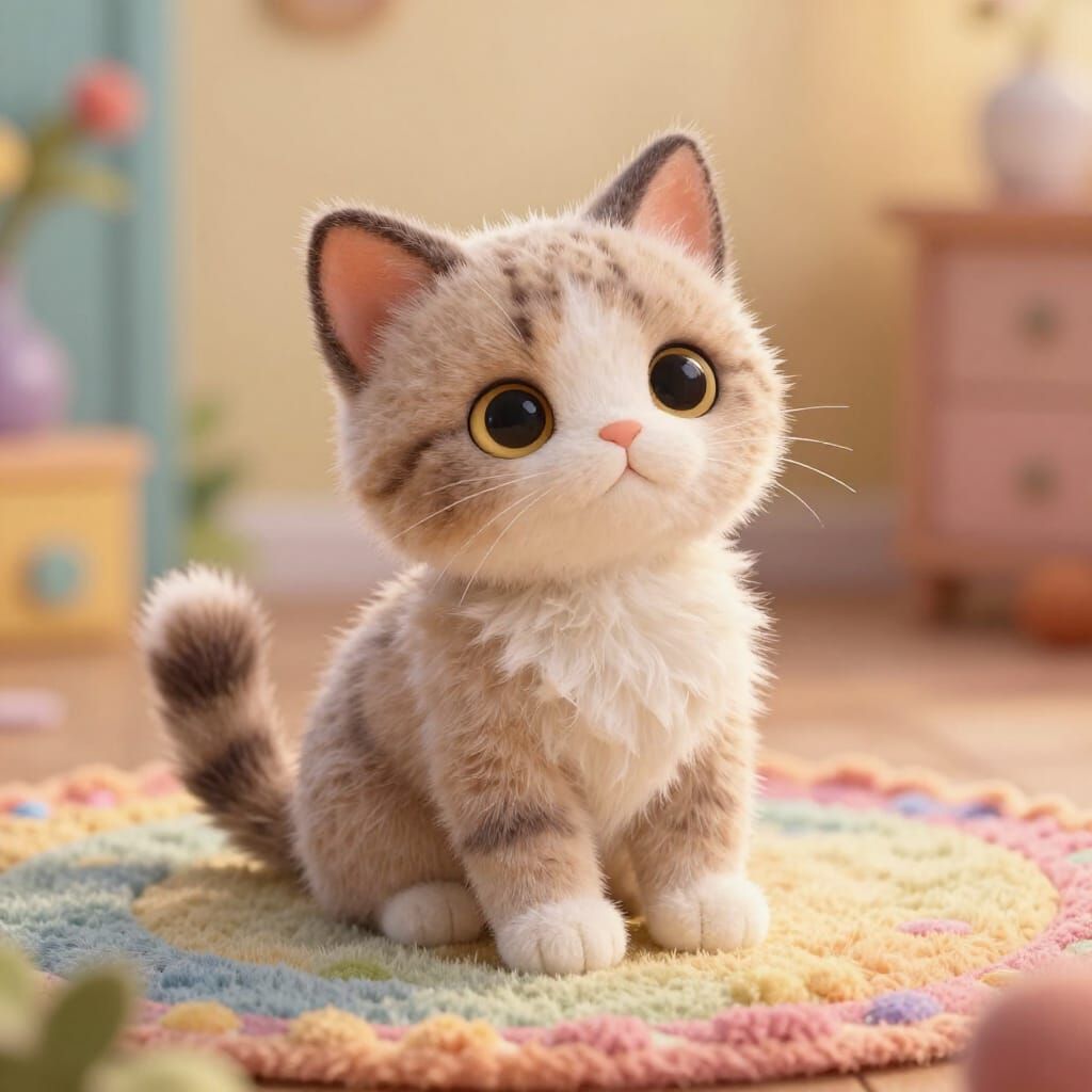 Adorable Lviv Toy Cat on Plush Rug in Dreamlike Setting