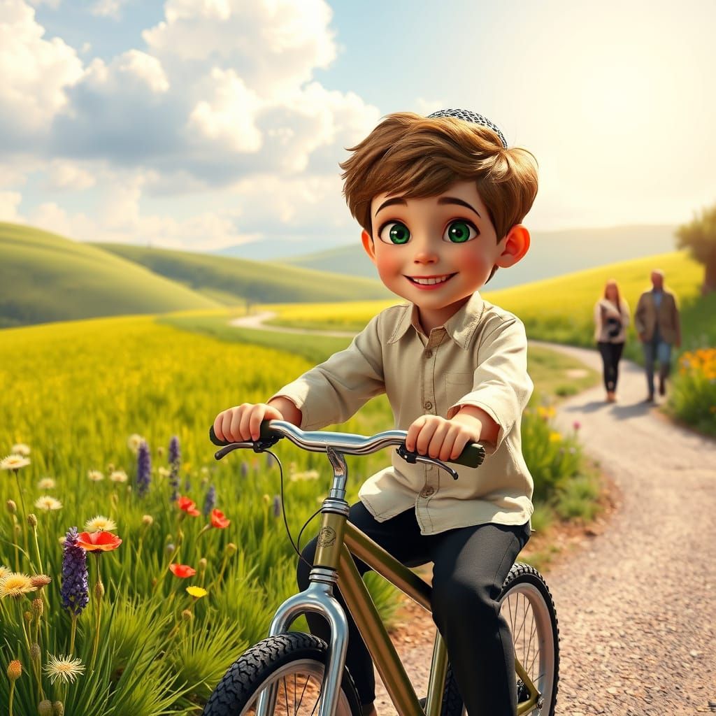 Joyful Orthodox Boy Rides Matzah Bicycle in Vibrant Spring L...