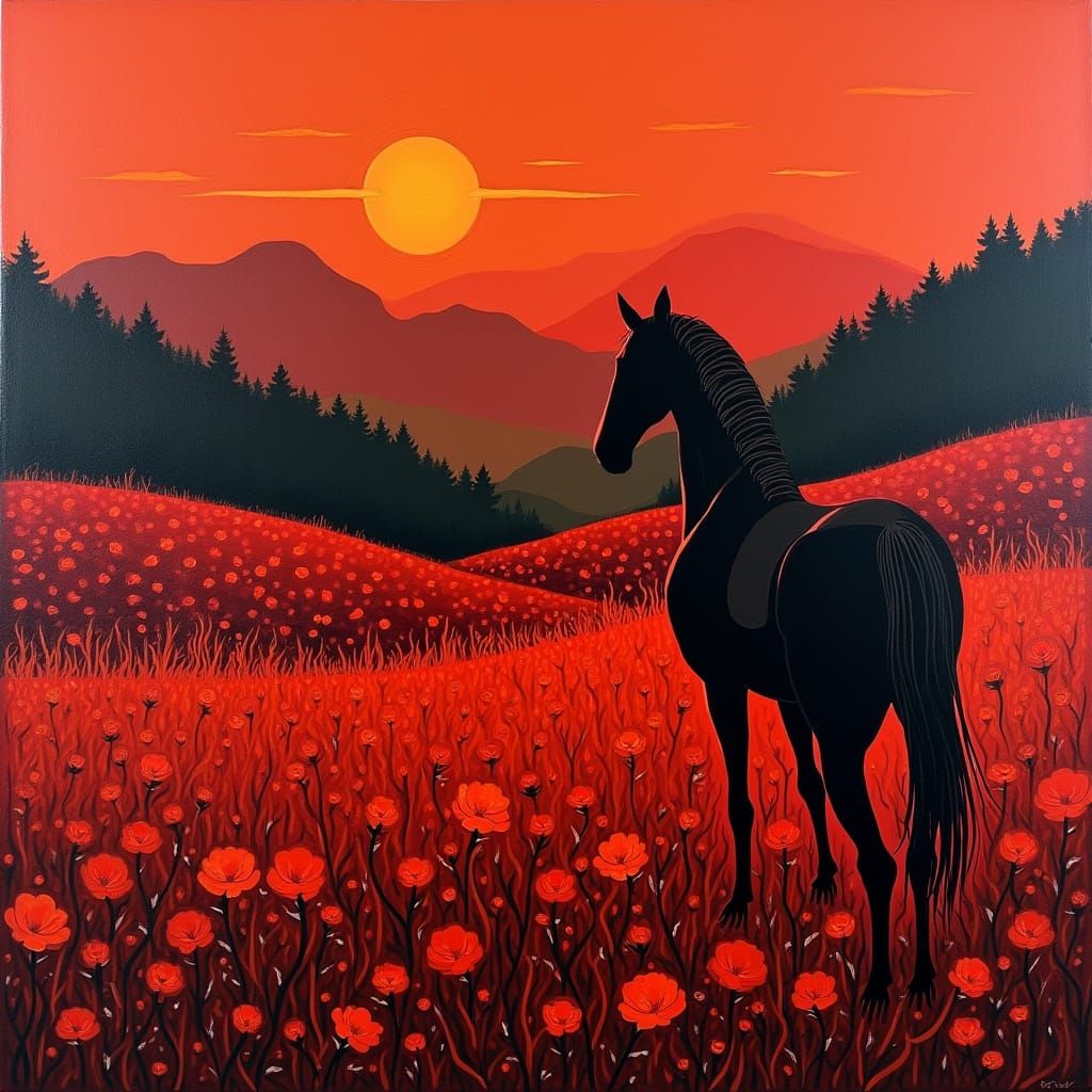 Crimson Horse Abstract with Red Roses and Sunset