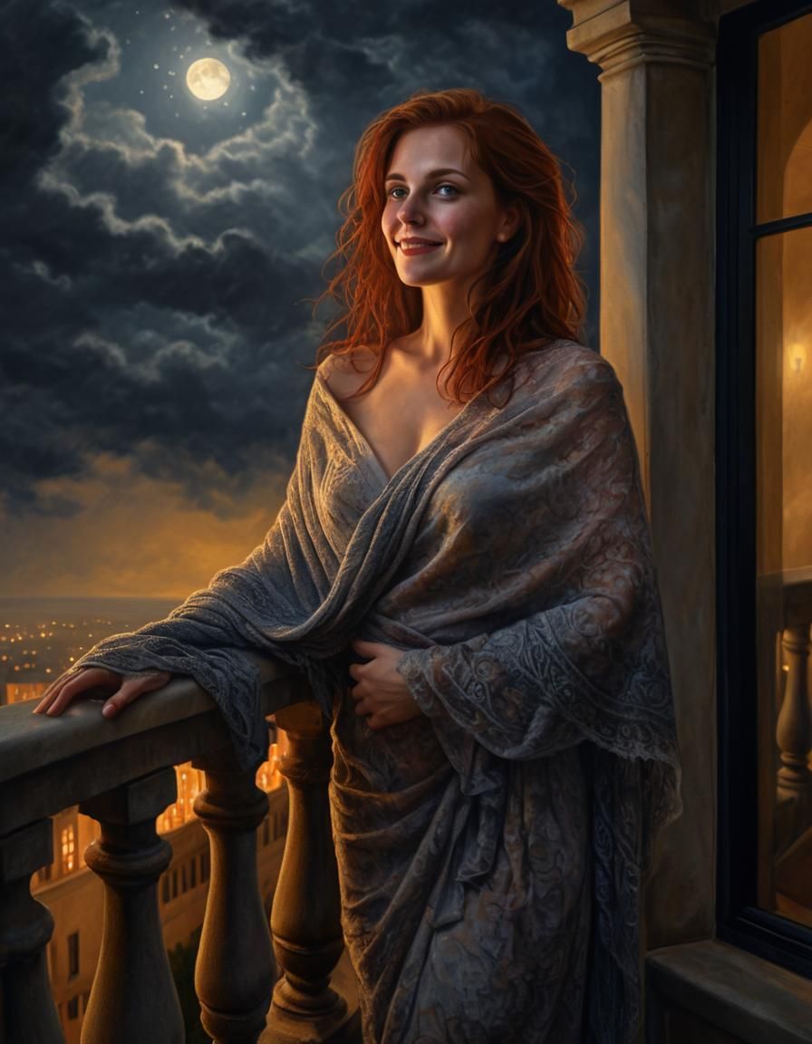 Chiaroscuro Painting of Woman on Balcony at Night