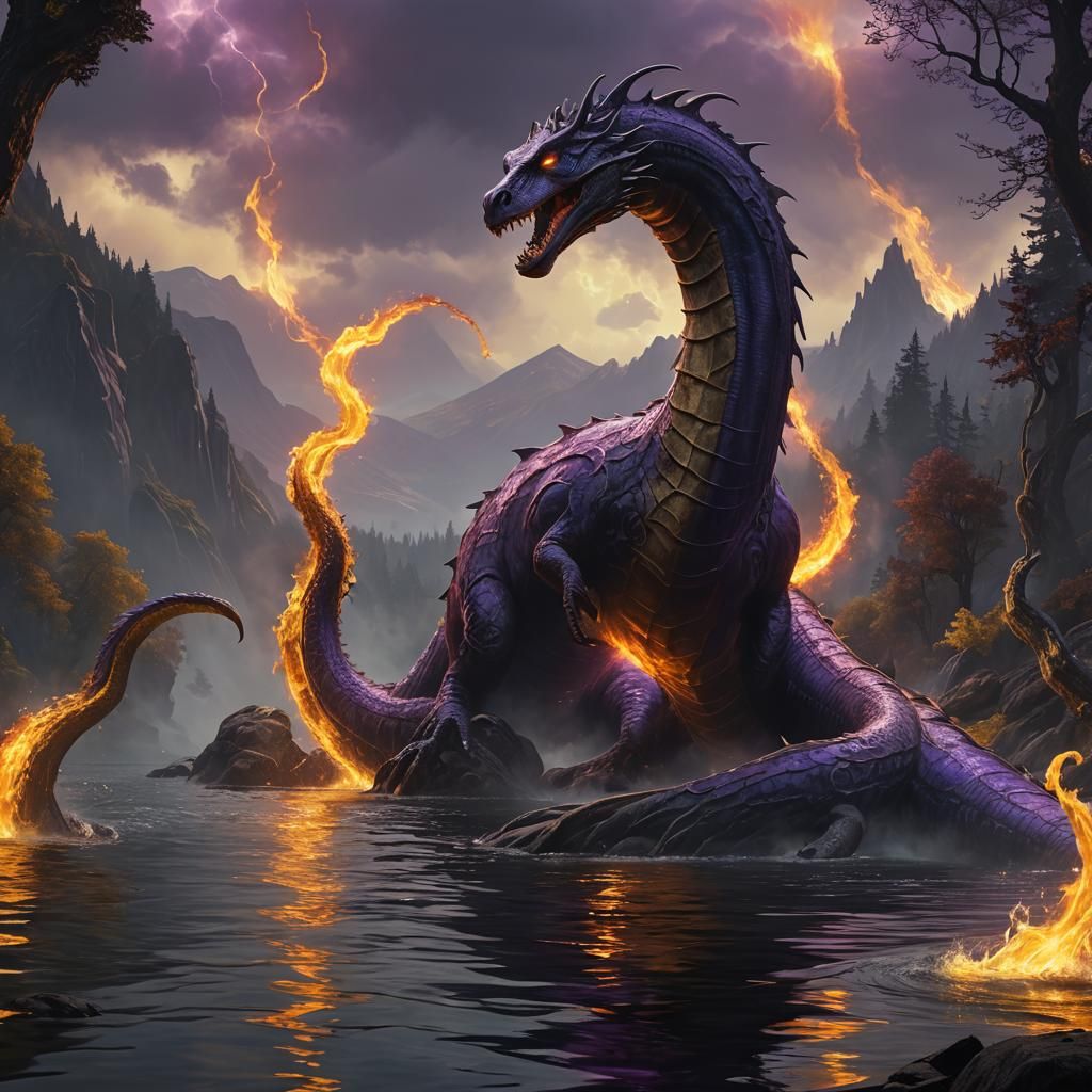 Fiery Loch Ness Monster: Dark Fantasy Art