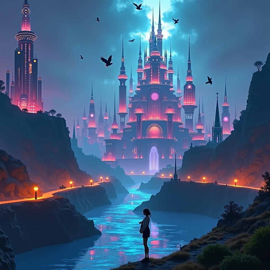 Serene Woman in Vivid Cityscape: Hyperrealistic Illustration