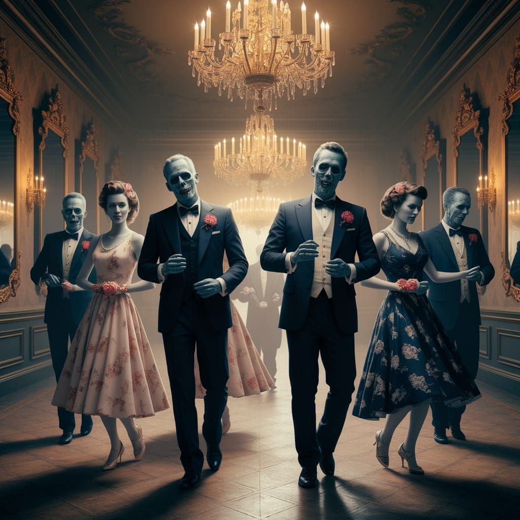 Zombie Prom Night: Stylish Undead Dancers in Grand Ballroom