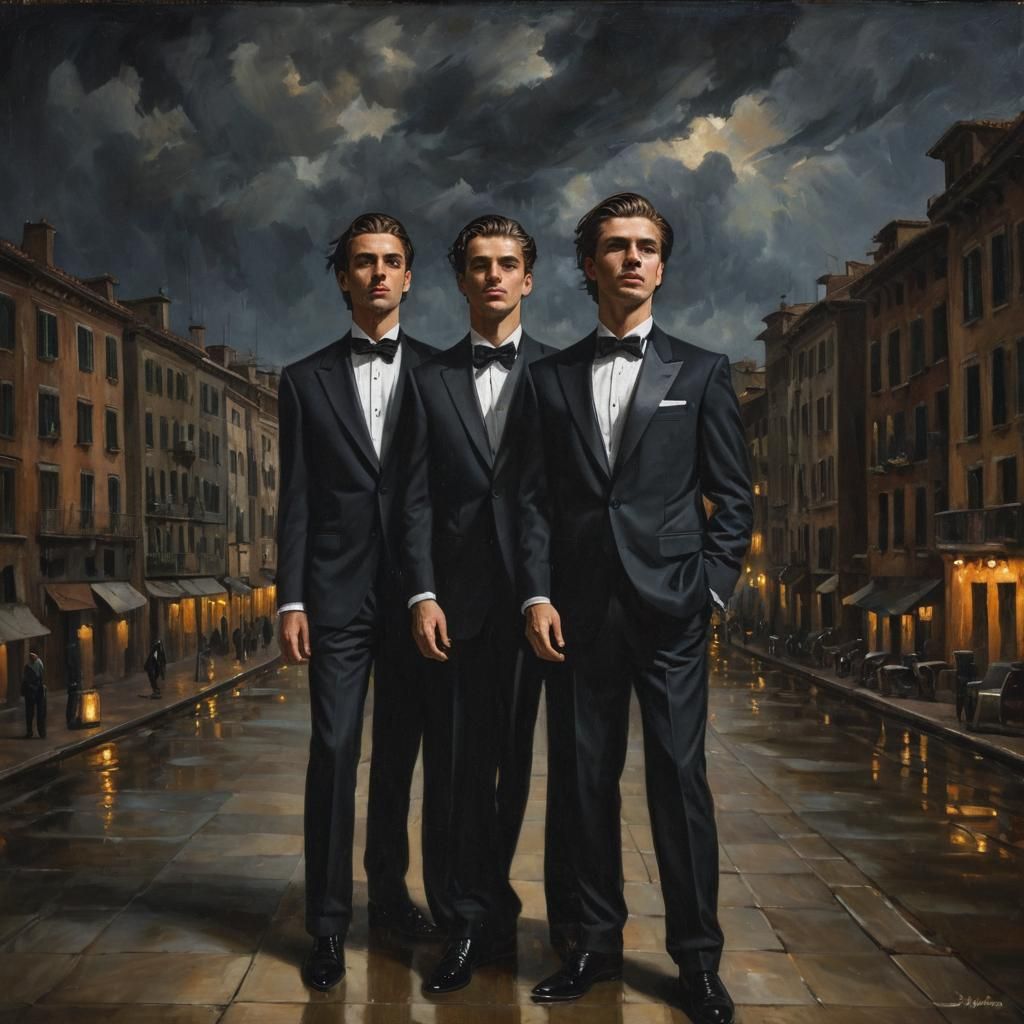 Italian Businessmen in Tuxedos: A Luxurious Oil Painting