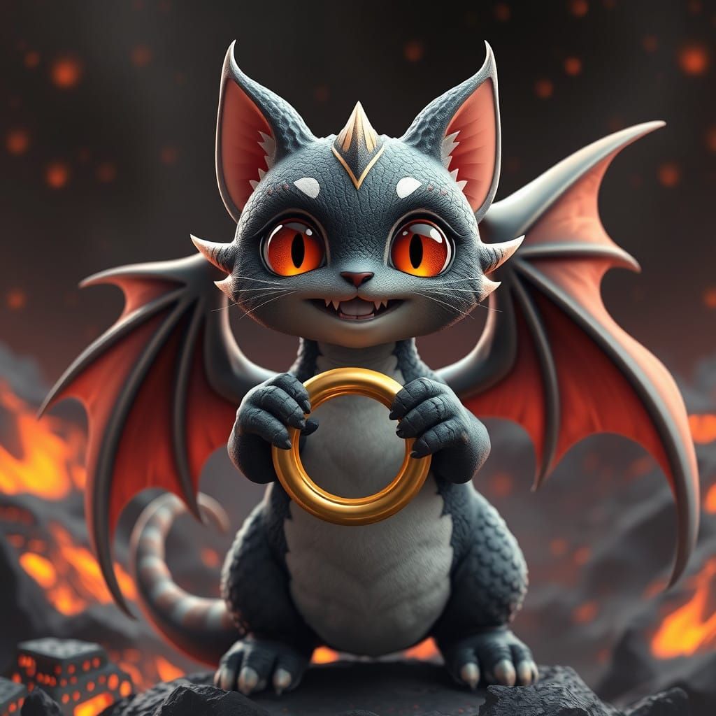 Cat Dragon Holding a Ring in Lava Flames