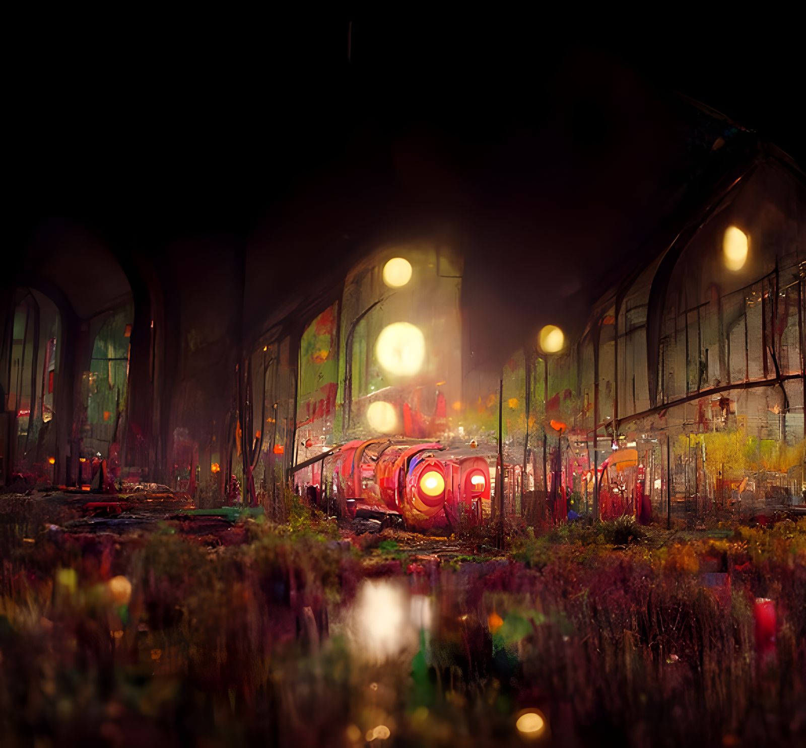 Overgrown Train Yard with Colorful Light