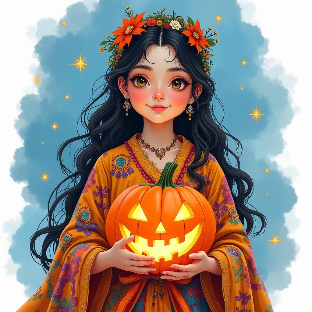 Girl with Jack-O'-Lantern in Klimt-Inspired Style