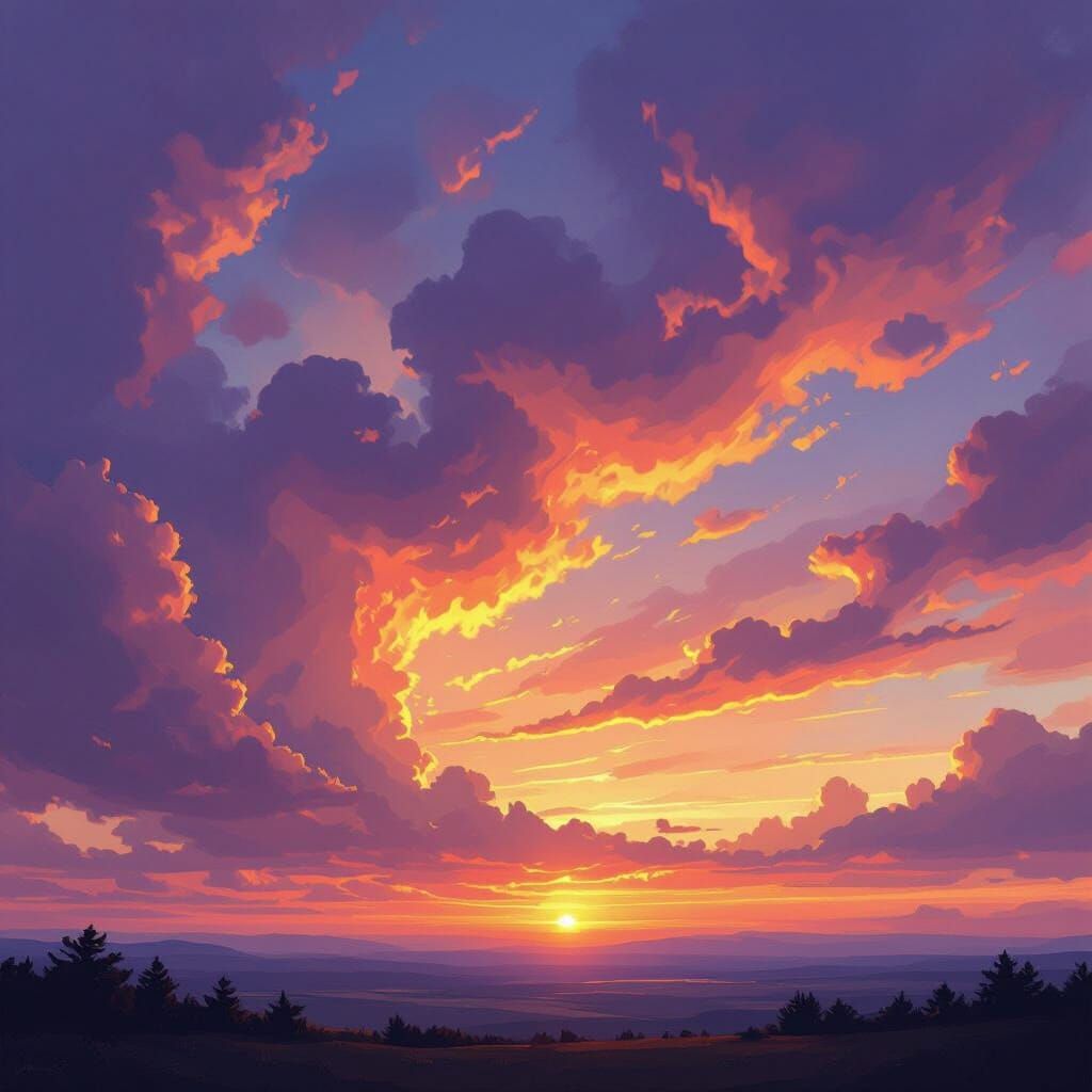 Dramatic Sunset Sky with Swirling Clouds in Romantic Style