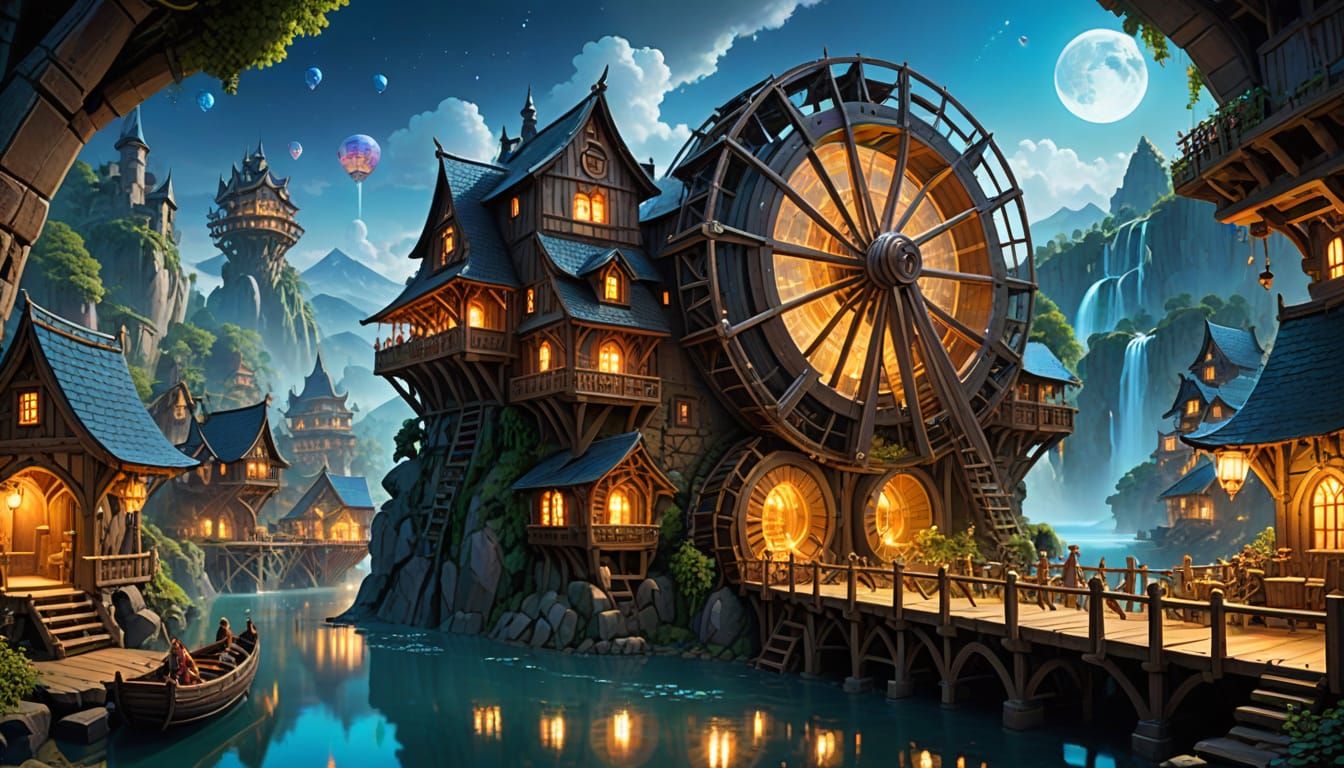Fantasy Waterwheel Village: Glowing Crystal Powers Floating ...