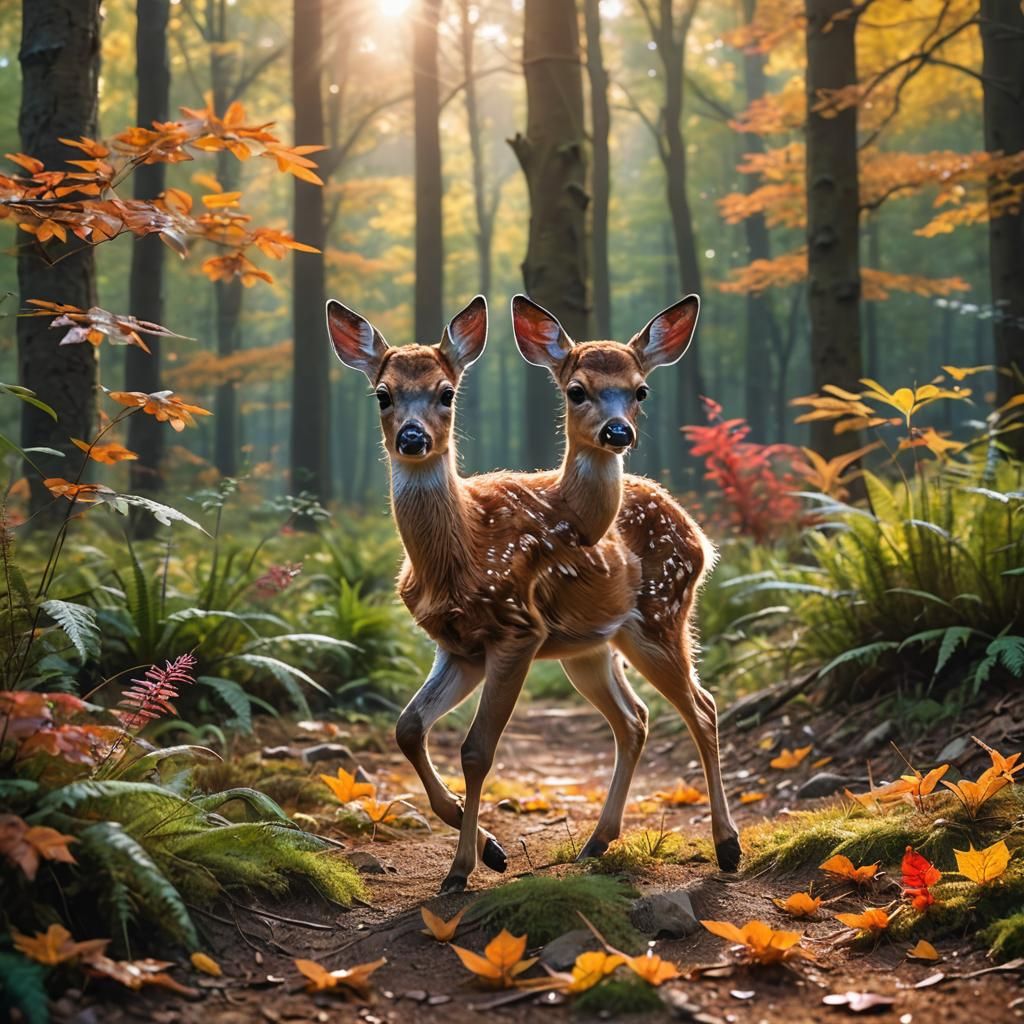 Cute Fawn Runs in Sunlit Forest
