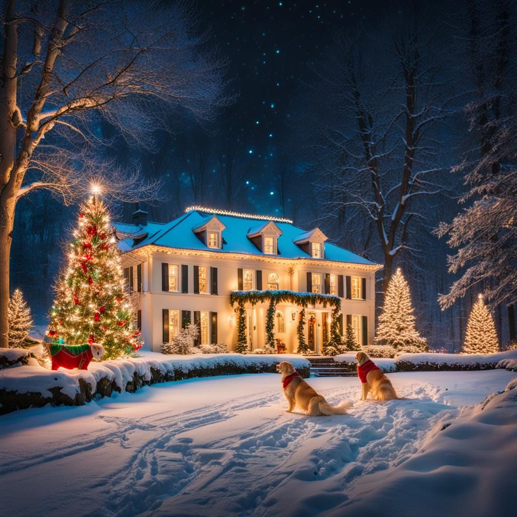 Festive Christmas Mansion Scene with Golden Retrievers