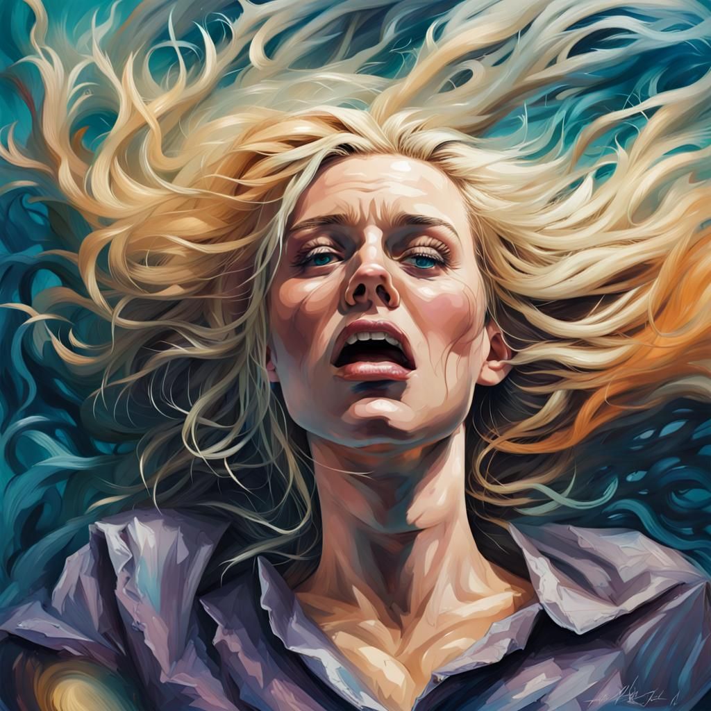 Blonde Woman Drowning in Hair: Photorealistic Top View