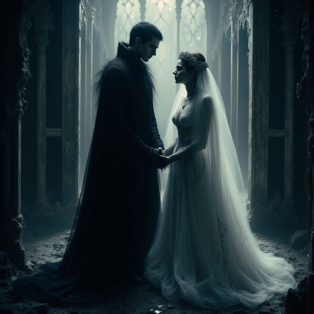 Dark Fantasy Prince and Princess in a Gothic Cathedral