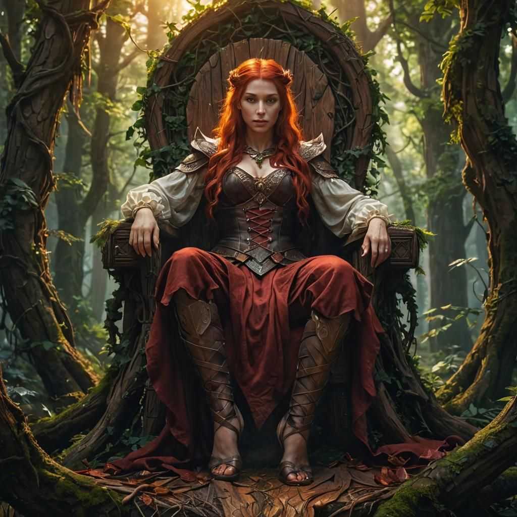 Forest Queen on Twisted Throne: Fantasy Oil Painting