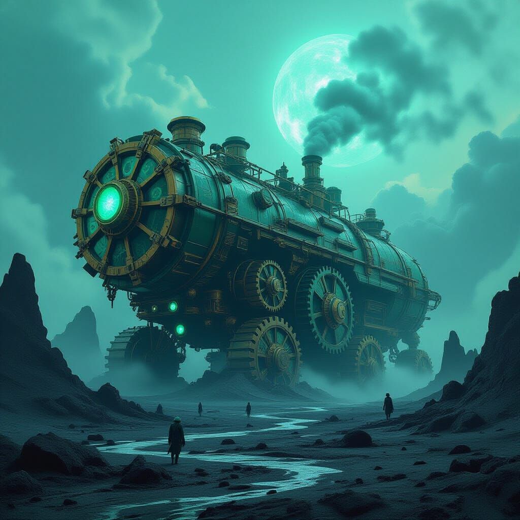 Steampunk Engine on Alien World in Dystopian Style