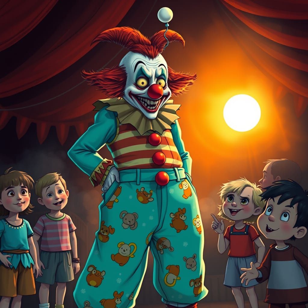 Grotesque Clown in Circus, Cartoon Art Style