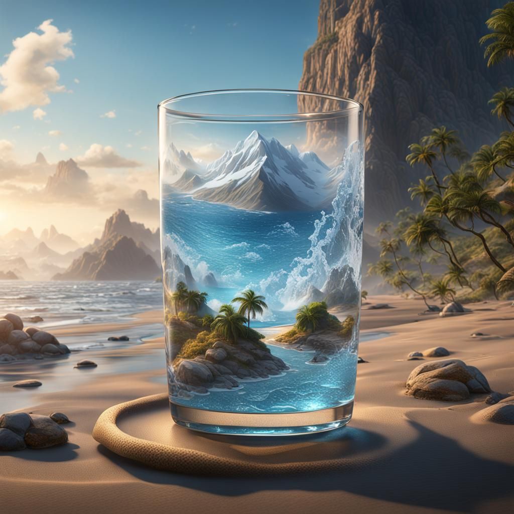 Beach Mountain Scene in Glass of Water