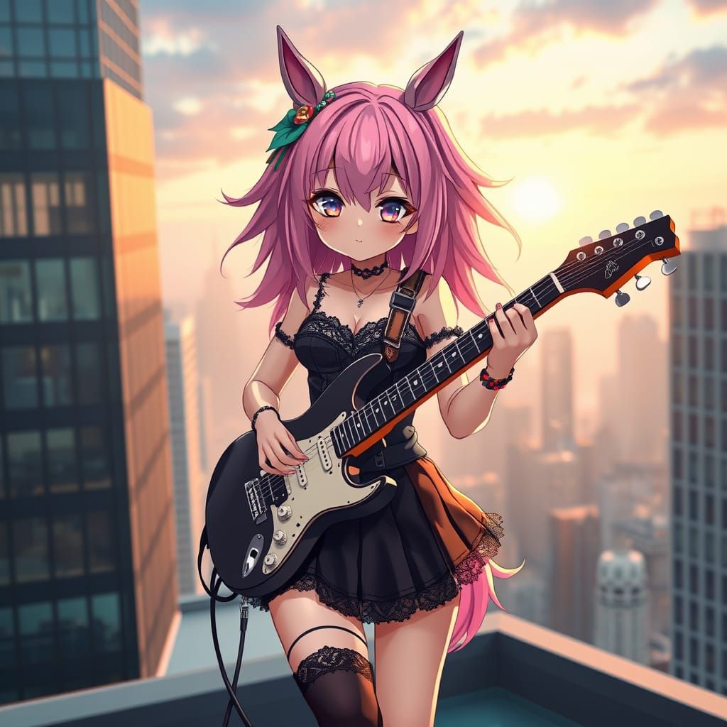 Anime Girl with Horse Ears Plays Guitar on Roof
