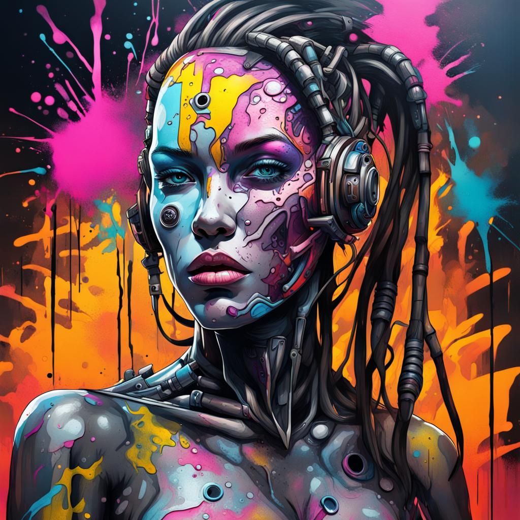 Cyborg Woman in Graffiti Art Style
