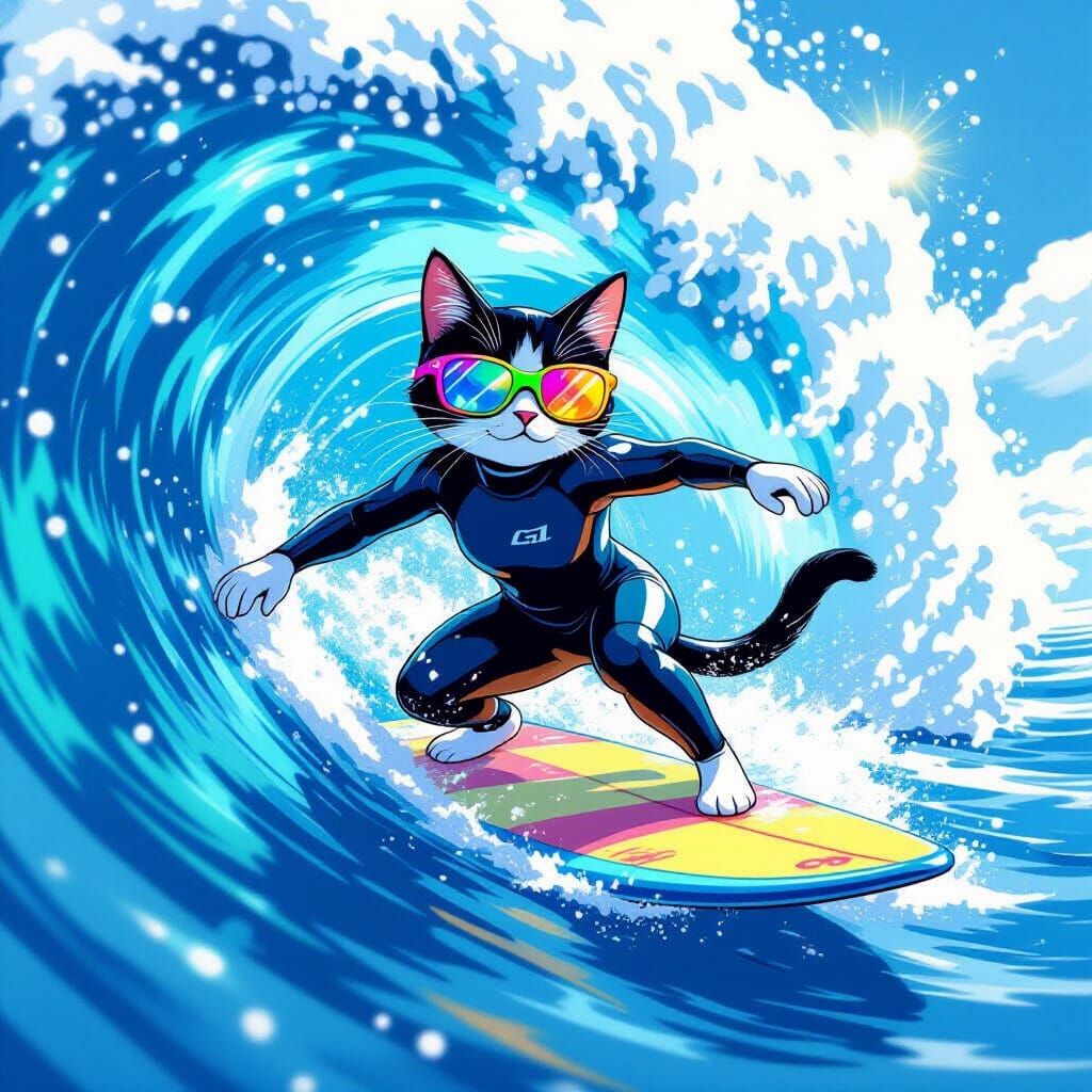 Cat Surfer Rides a Hawaiian Wave in Playful Style