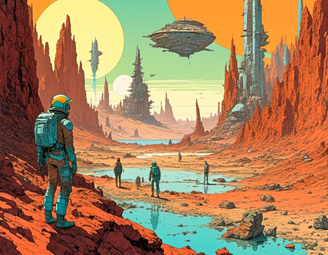 Moebius-Inspired Sci-Fi Landscape in Watercolor Style