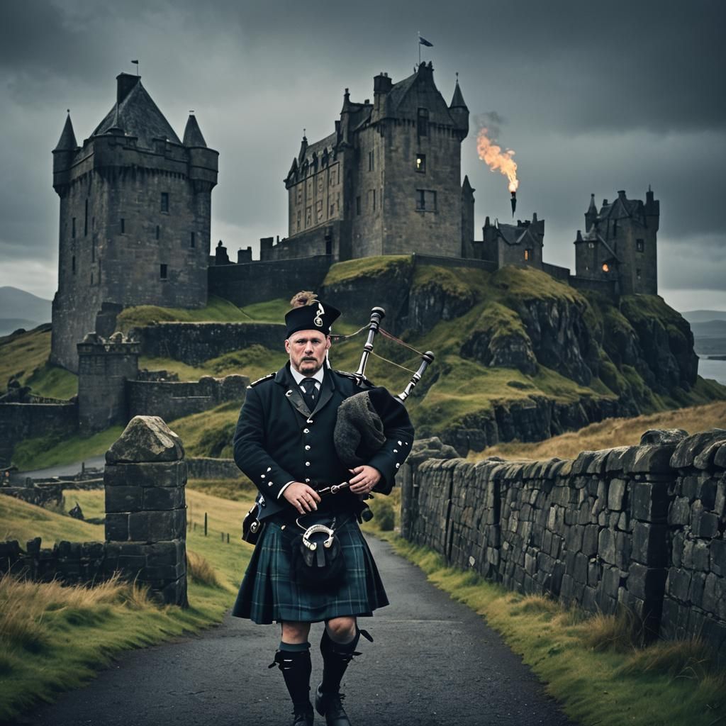 Bagpiper at Castle Dunvegan in Dark Landscape